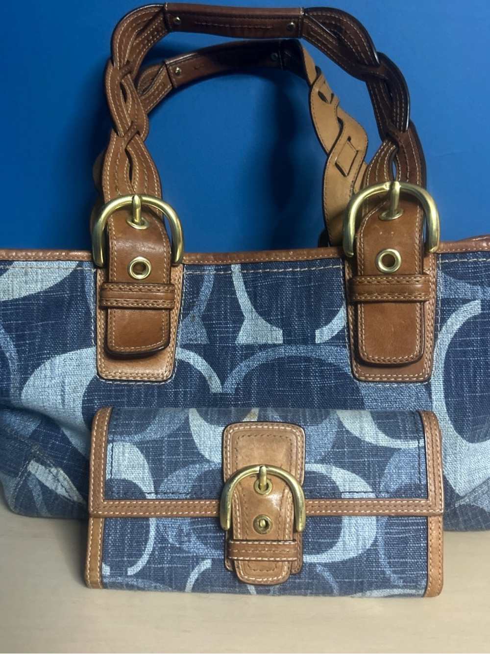 Coach Signature Canvas Tote with Braided Leather Trim and SoHo Wallet